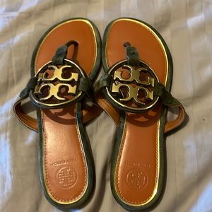 Tori Burch olive colored flip flops